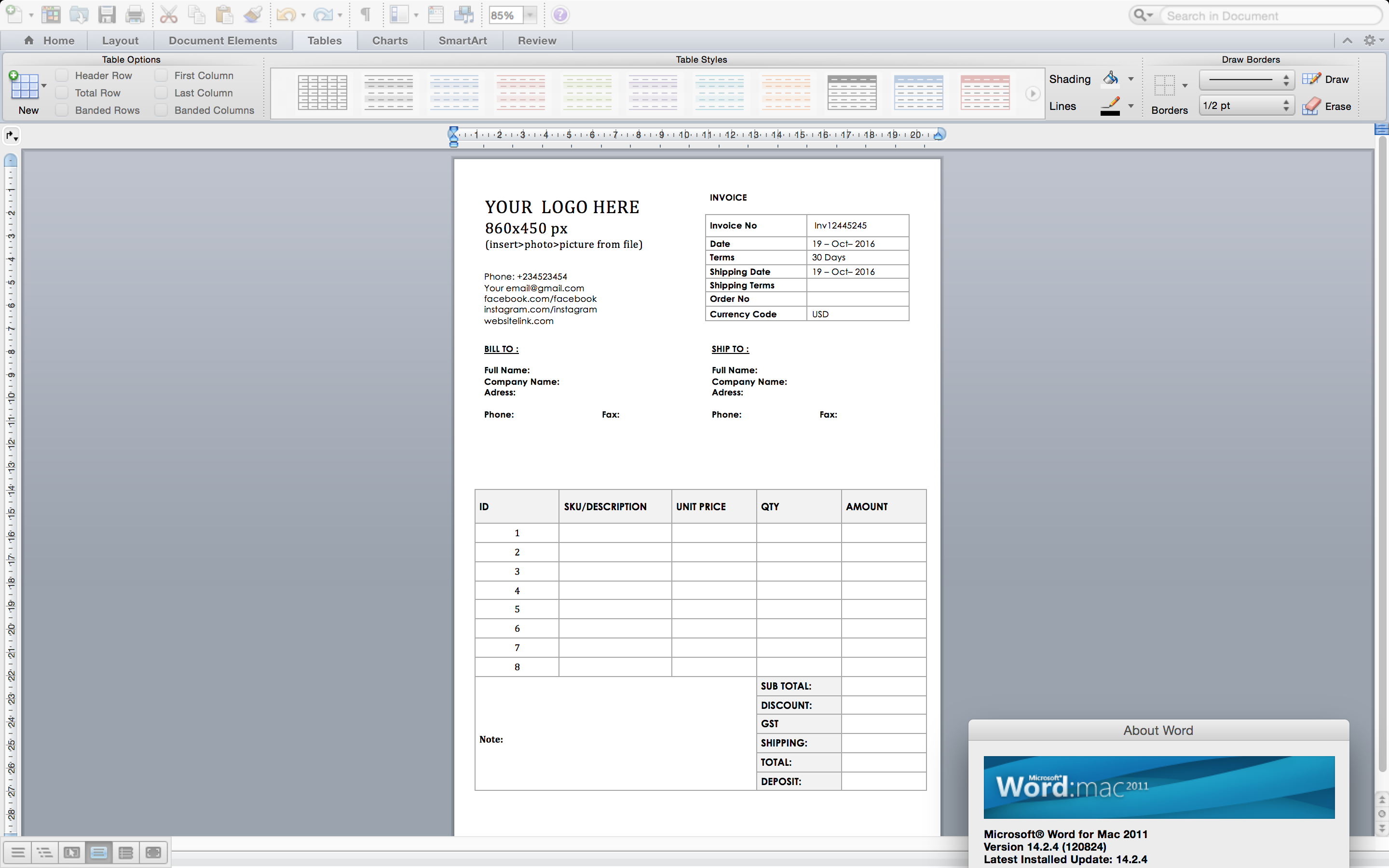 editable invoice receipt template business invoice ms custom invoice template